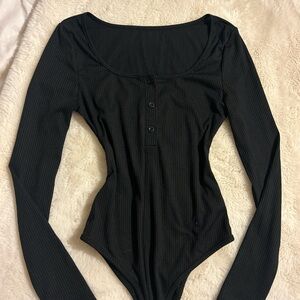 Plain Black Button-Up Ribbed Long Sleeve Body Suit